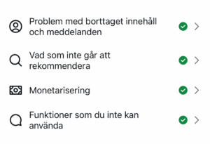 Instagrams gränssnitt, visar gröna bockar om inga problem hittas.